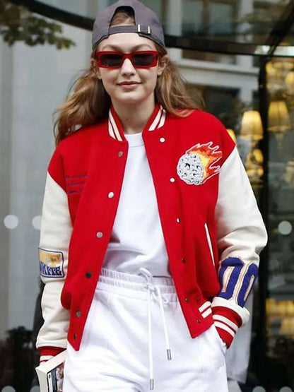 Gigi Hadid Red and White Varsity Jacket - back view