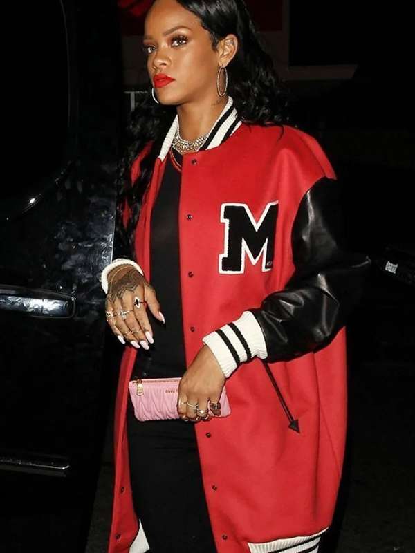 Rihanna Oversized Varsity Red and Black Jacket
