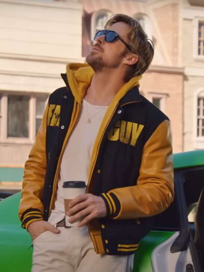 Ryan Gosling the Fall Guy Black and Yellow Varsity Jacket - close-up view
