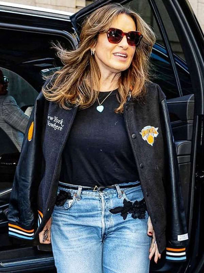 Mariska Hargitay Knicks Black Varsity Jacket - detail view