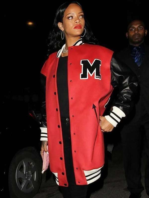 Rihanna Oversized Varsity Red and Black Jacket - back view