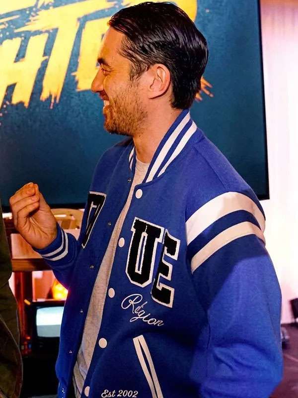 Street Fighter Andrew Koji Blue Varsity Jacket - back view