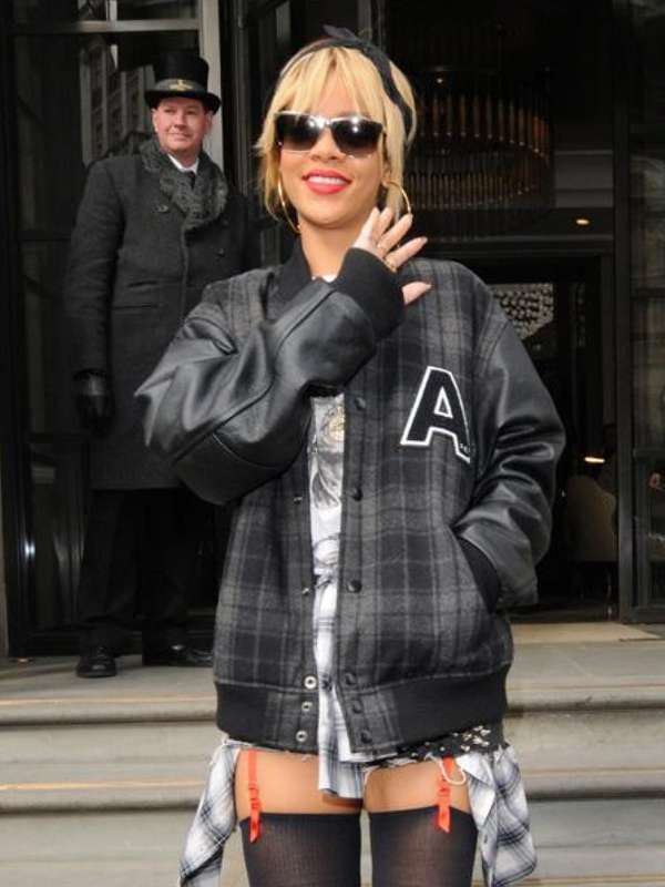 Rihanna in London Black Varsity Jacket - back view