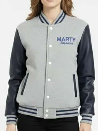 Marty Supreme Grey and Navy Blue Varsity Jacket