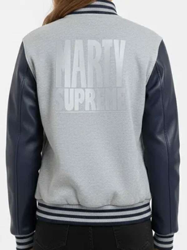 Marty Supreme Grey and Navy Blue Varsity Jacket - back view