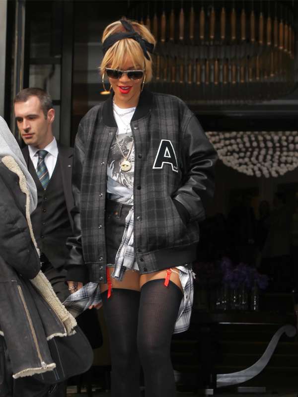 Rihanna in London Black Varsity Jacket