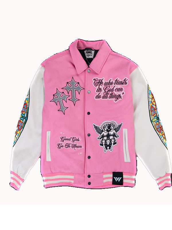 Women Pink Varsity Jacket - back view