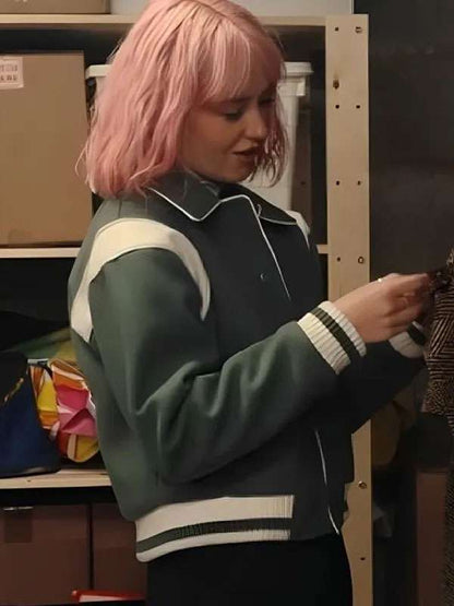 Trying Scarlett Rayner Green Varsity Jacket - back view