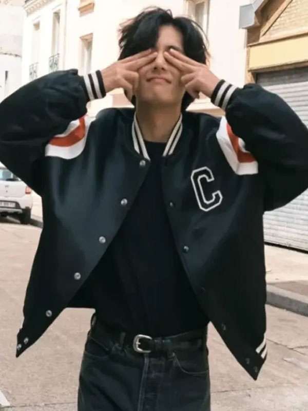Kim Tae Hyung Black Varsity Jacket - detail view