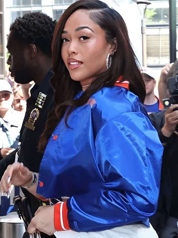 Jordyn Woods Knicks Blue Varsity Jacket - back view