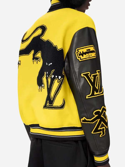 Men Black and Yellow Varsity Jacket - back view