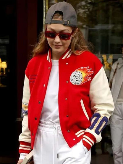 Gigi Hadid Red and White Varsity Jacket