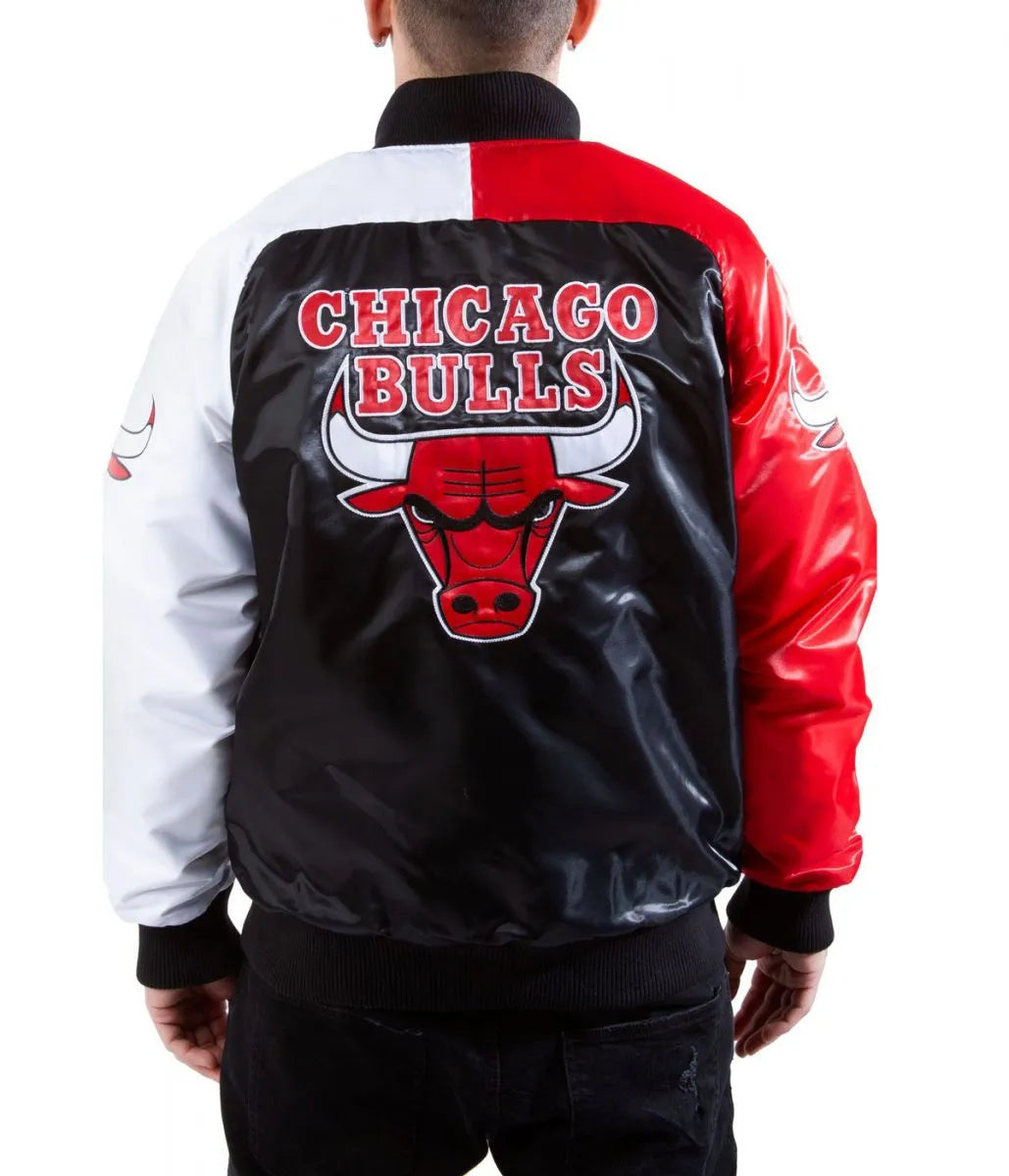 Tri Color Chicago Bulls Varsity Satin Jacket - back view