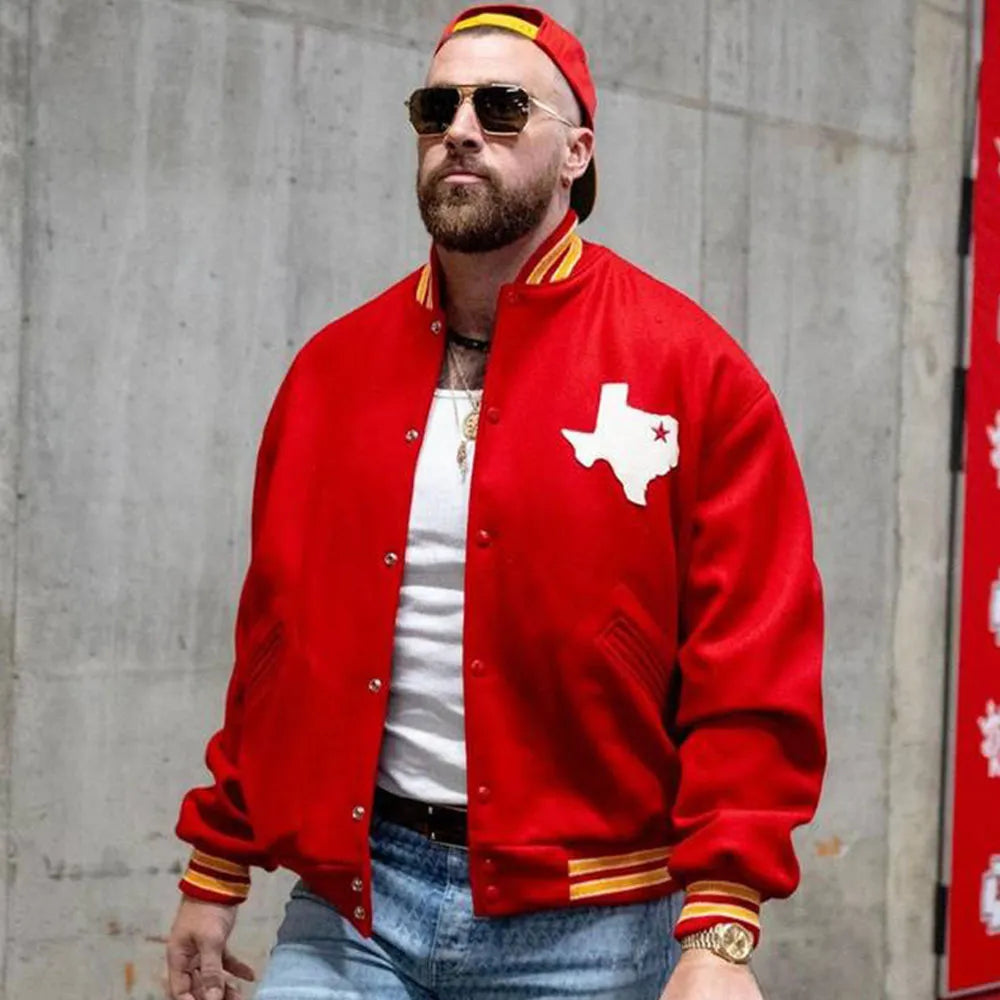 Travis Kelce Dallas Texans Red Varsity Wool Jacket - back view