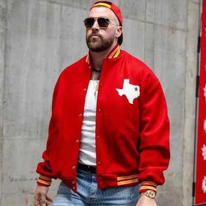 Travis Kelce Dallas Texans Red Varsity Wool Jacket - back view